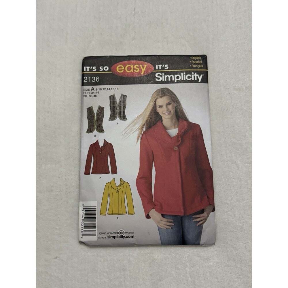 Simplicity 2136 Sewing Pattern Misses Jacket Vest Coat Bow Miss Sizes 8-18